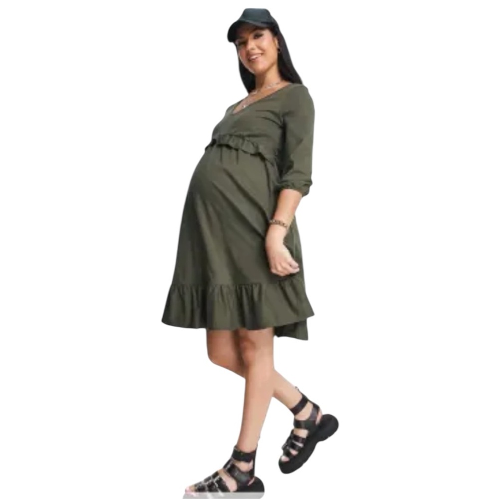 River Island Maternity cotton frill smock mini dress in khaki US Size 14